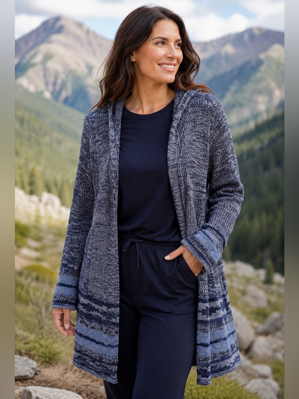 One World Blue Hooded Long Cardigan Sweater 2X Open Front Boho Knit Duster